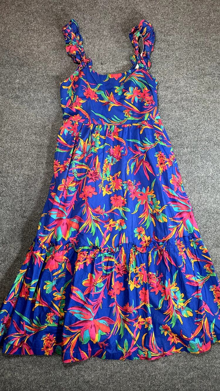 J.Crew Women’s 10 Blue Tropical Floral Smocked Midi Dress Ruffle Tie Strap